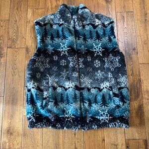 VTG STARFIRE Womens Sz L Winter Snowflake Blue Fuzzy Vest Made in USA Modacrylic